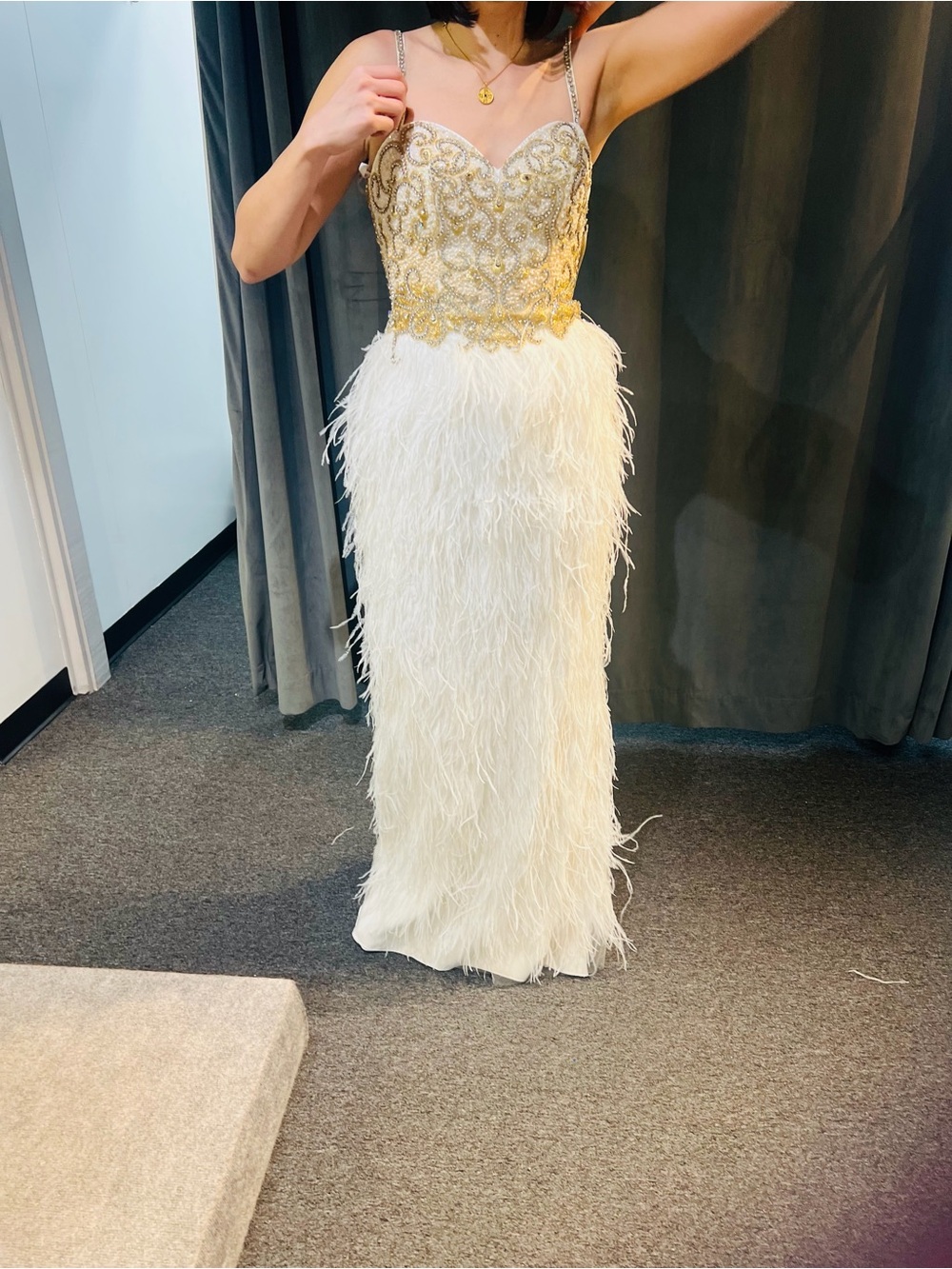 Sherri Hill Ivory Feather & Beaded Spaghetti Strap Gown